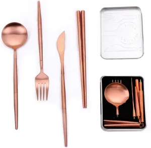 travel utensils 4pcs Portable Cutlery Set Stainless Steel Camping Tableware Chopstick Fork Knife Spoon Folding Set Dinnerware(4pcs Rose Gold)