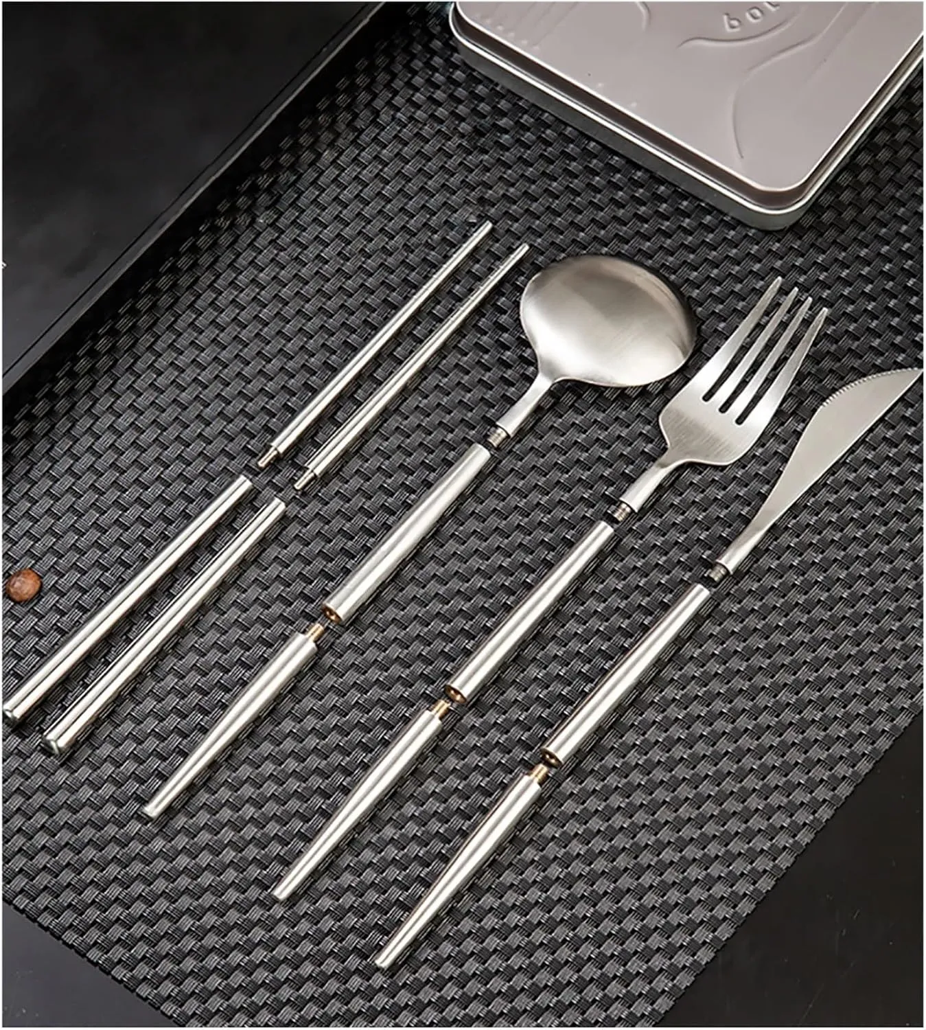 travel utensils 4pcs Portable Cutlery Set Stainless Steel Camping Tableware Chopstick Fork Knife Spoon Folding Set Dinnerware(4pcs Rose Gold)