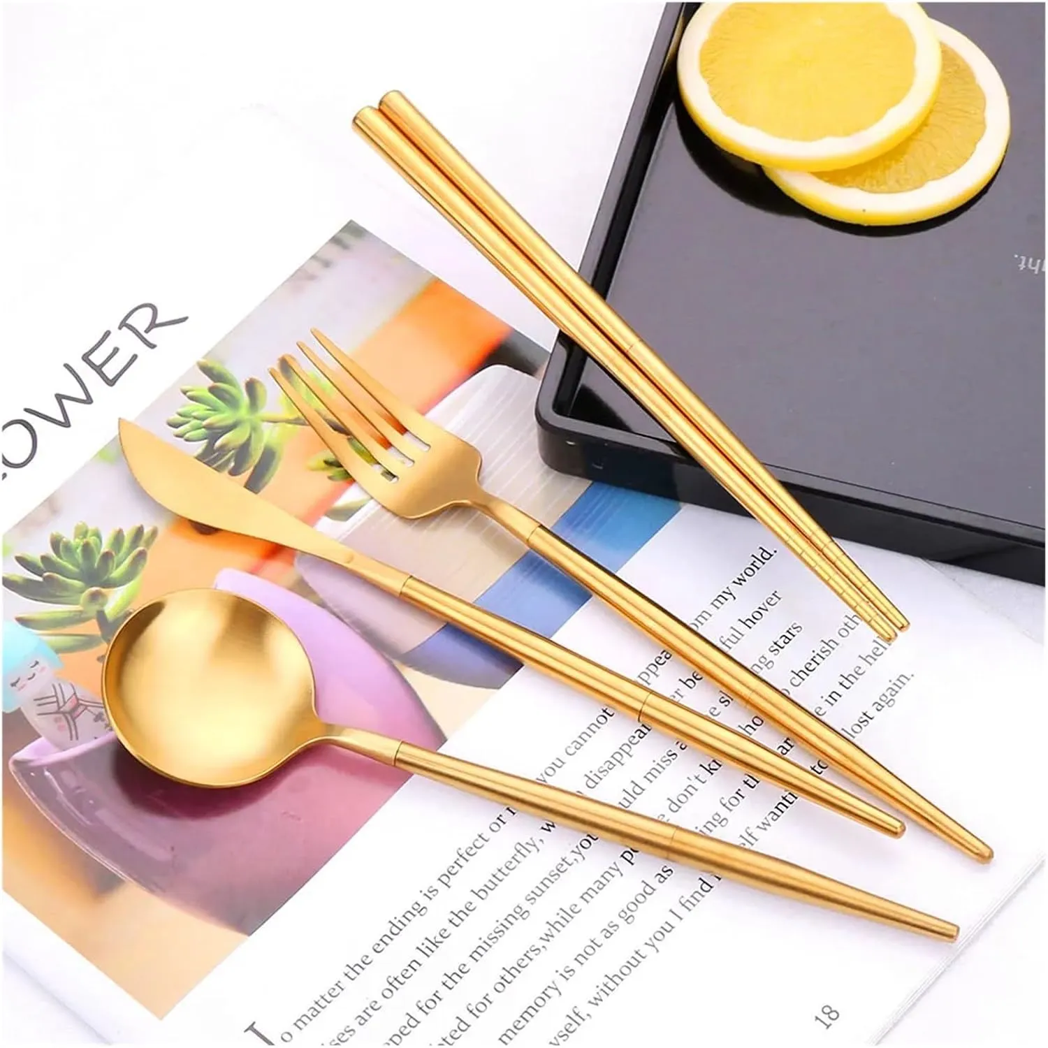 travel utensils 4pcs Portable Cutlery Set Stainless Steel Camping Tableware Chopstick Fork Knife Spoon Folding Set Dinnerware(4pcs Rose Gold)