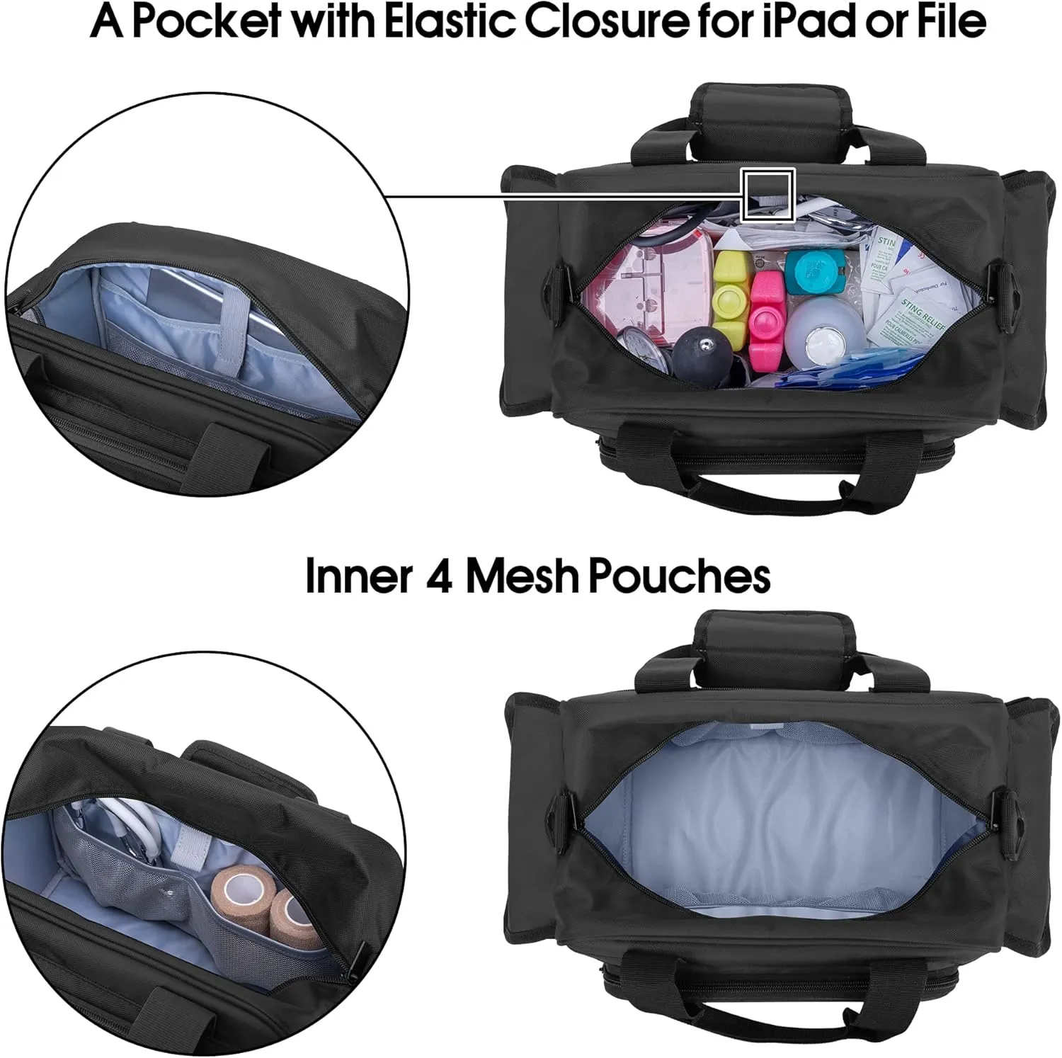 Trunab Home Health Nurse Bag Empty, Portable Medical Supplies Shoulder Bag for Hospice, Home Visit, Hospital Interns, Black, Bag Only