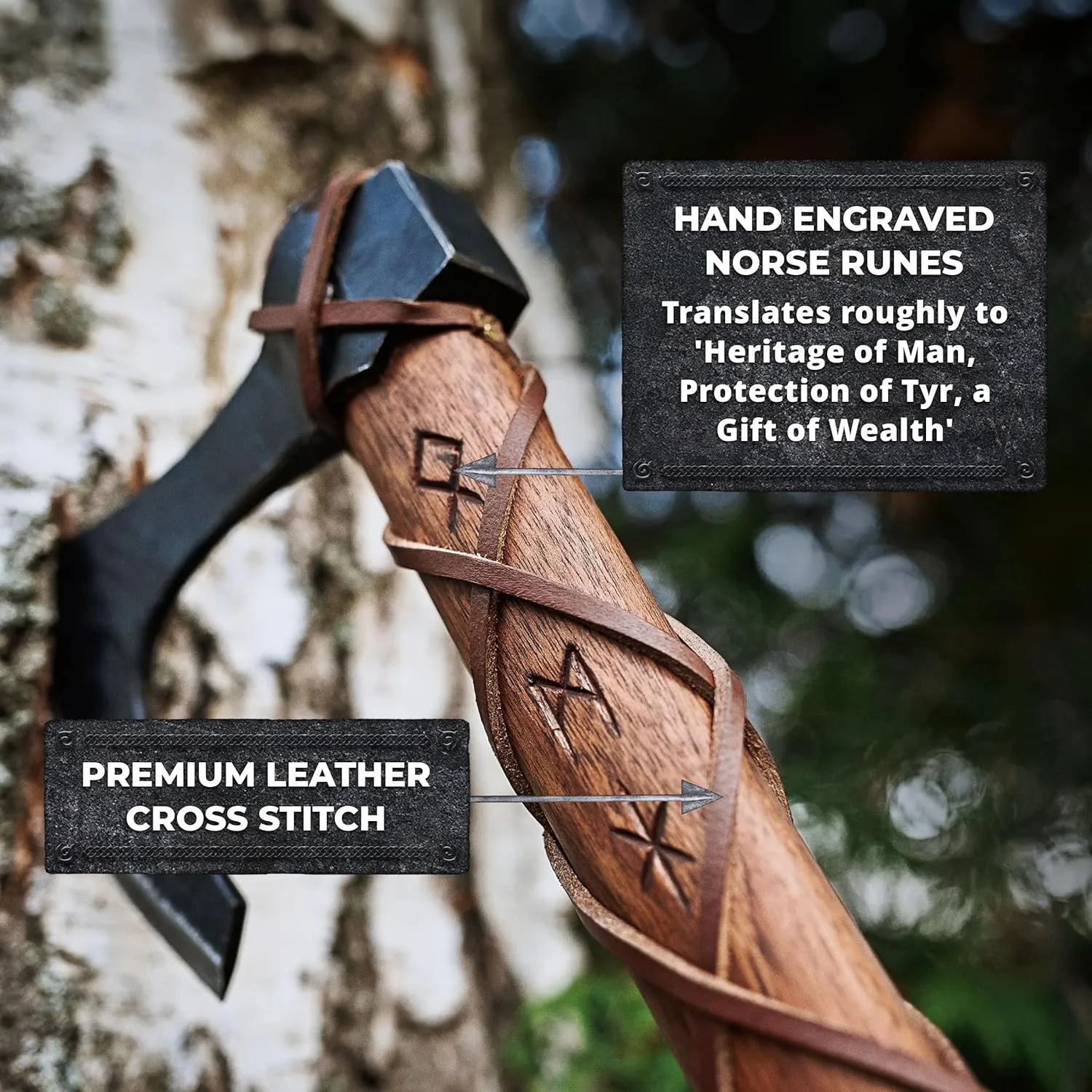 Two-Handed Viking Axe with 1095 Carbon Steel Axe Head - Includes Forged Iron Wall Mount Hooks (2) - Teakwood Shaft with Hand-Engraved Norse Runes | The Skeggøx