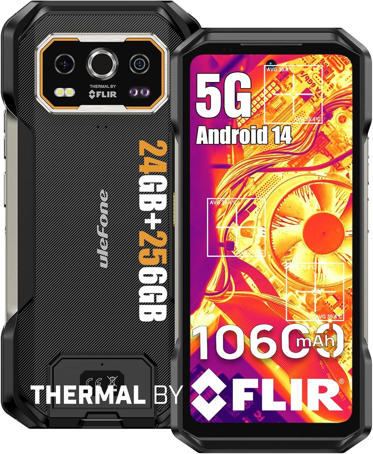 Ulefone Armor 27T Pro 5G Rugged Phone with Thermal Image Camera, MTK Dimensity 6300 5G, 24GB 256GB, 50MP 64MP 32MP, Android 14, 6.78”, 10600mAh/Wireless Charge, uSmart, GPS/NFC Unlocked Smartphone