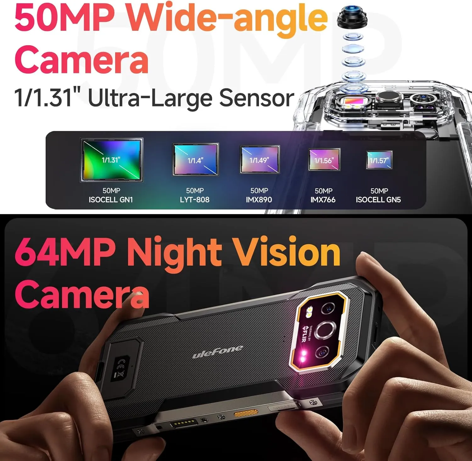 Ulefone Armor 27T Pro 5G Rugged Phone with Thermal Image Camera, MTK Dimensity 6300 5G, 24GB 256GB, 50MP 64MP 32MP, Android 14, 6.78”, 10600mAh/Wireless Charge, uSmart, GPS/NFC Unlocked Smartphone
