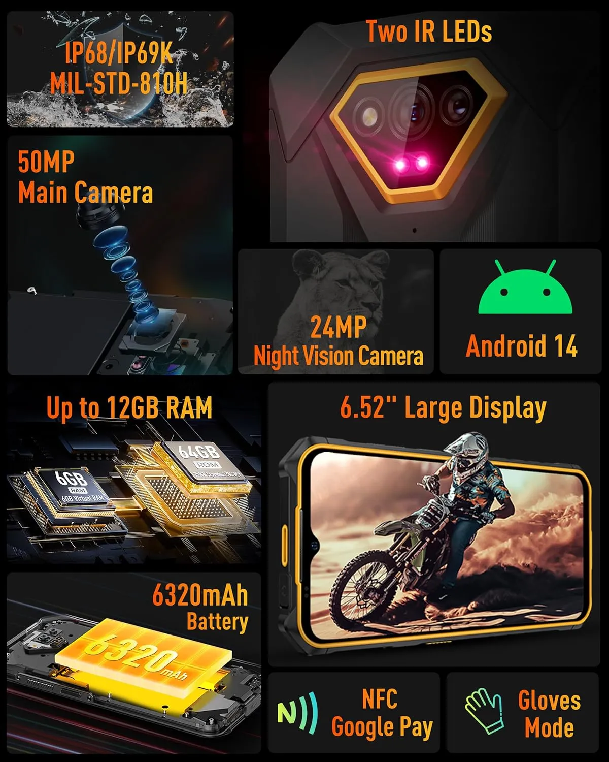 Ulefone Armor X13 Rugged Smartphone, 50MP 24MP Night Vision Camera, Octa-core 12GB RAM 64GB ROM, 6.52 inch Screen, 6320mAh Battery, Android 14 OS, Global Dual 4G, NFC/OTG/GPS/IP68/IP69K, Orange