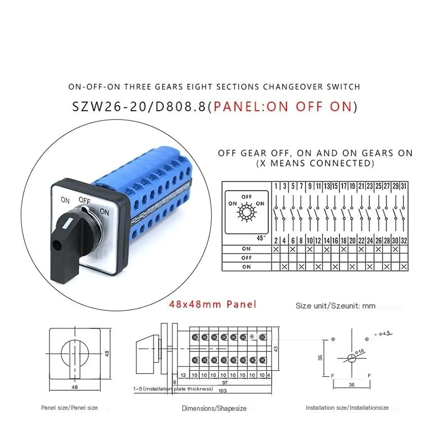 Universal Rotary Changeover Switch SZW26/LW26-20 3 Position 8 Phase 32 Terminals ON Off ON 20A 660V 64X64 48X48 mm Panel(D808.8 ON Off ON 48)