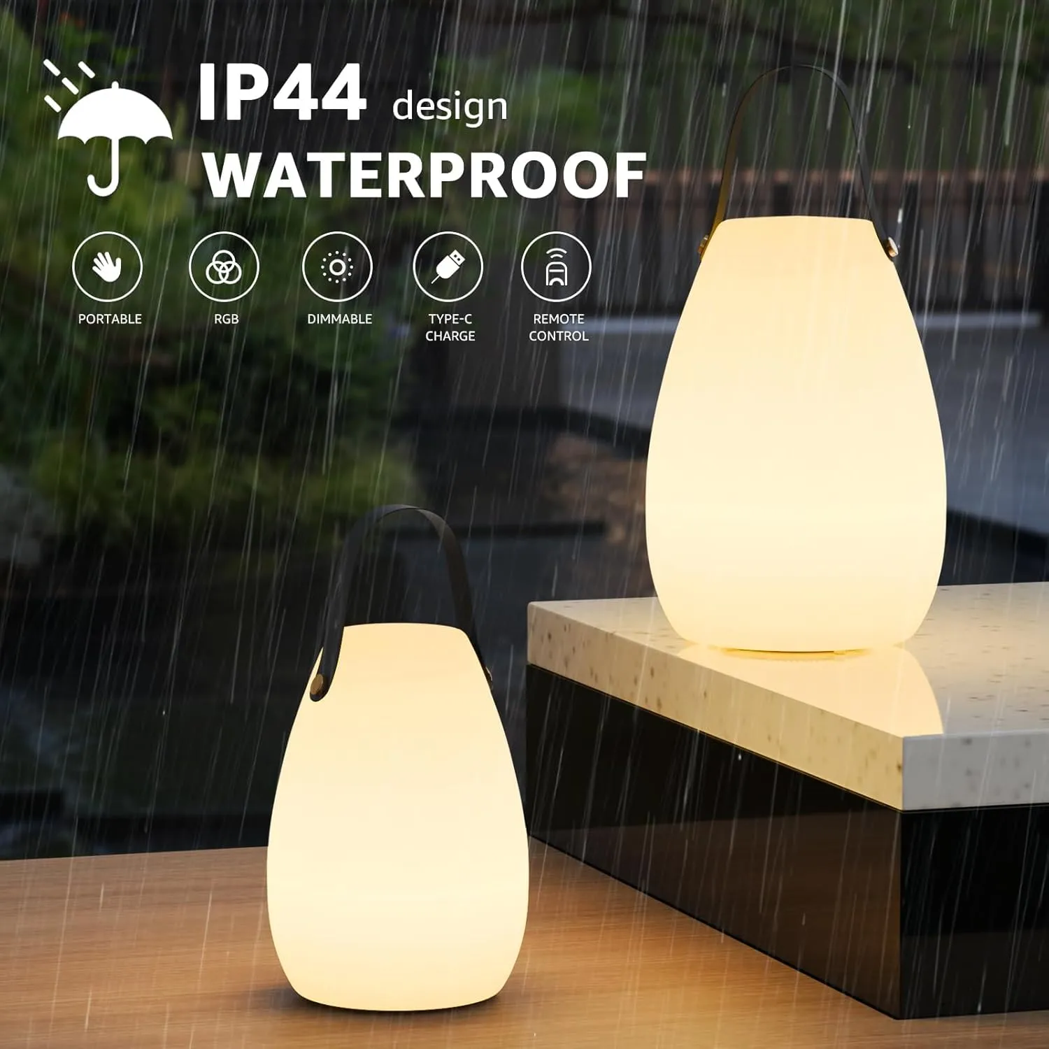 uuffoo 2 Pack Portable Outdoor Table Lamp - Dimmable Rechargeable Night Lights w/ Remote and 7 RGB Colors, IP44 Water-Resistant Hanging Lantern for Patio, Tent, Bedroom, Garden, Emergency