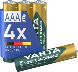 VARTA Rechargeable Ready2Use Pre-Charged AAA Micro Ni-Mh Battery (4-Pack, 1,000 mAh), Rechargeable Without Memory Effect - Ready for immediate use