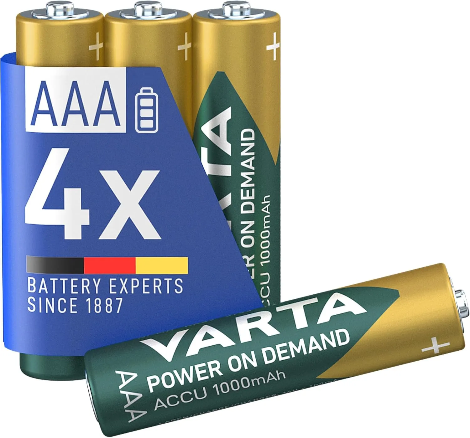 VARTA Rechargeable Ready2Use Pre-Charged AAA Micro Ni-Mh Battery (4-Pack, 1,000 mAh), Rechargeable Without Memory Effect - Ready for immediate use