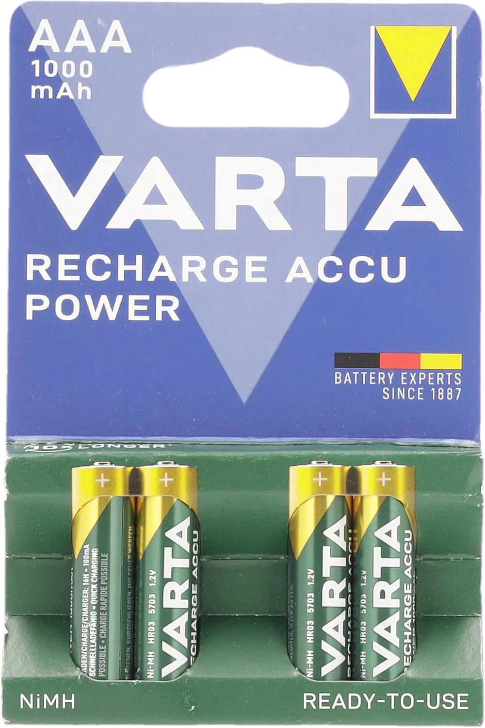 VARTA Rechargeable Ready2Use Pre-Charged AAA Micro Ni-Mh Battery (4-Pack, 1,000 mAh), Rechargeable Without Memory Effect - Ready for immediate use