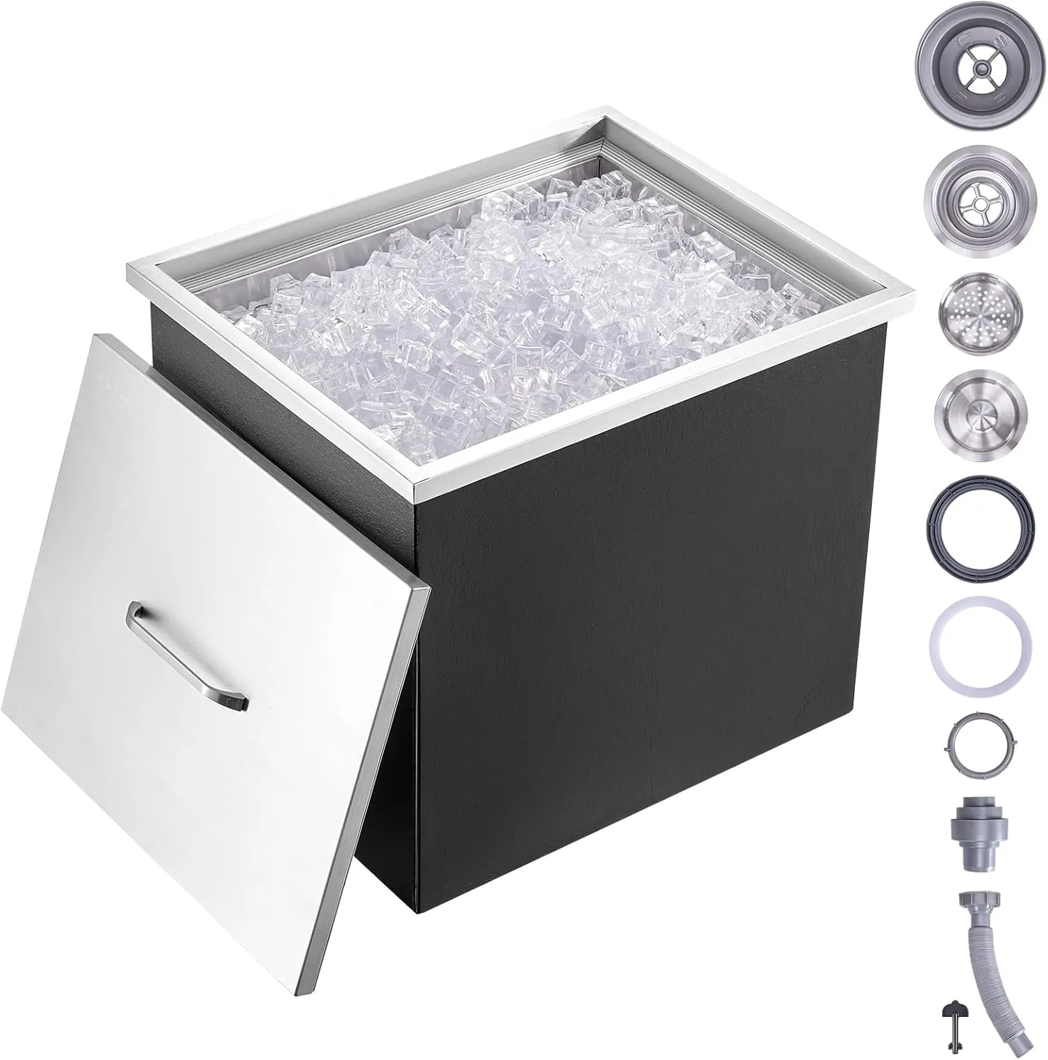 VEVOR Drop in Ice Chest, 21" L x 17" W x 18" H Stainless Steel Ice Cooler, Commercial Ice Bin with Cover, 40 qt Outdoor Kitchen Ice Bar, Drain-Pipe and Drain Plug Included, for Cold Wine Beer