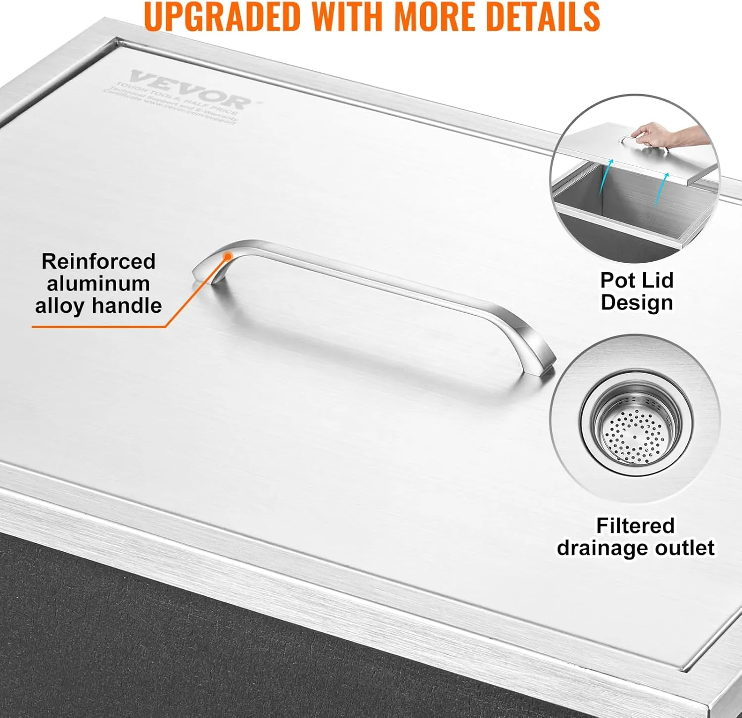 VEVOR Drop in Ice Chest, 21" L x 17" W x 18" H Stainless Steel Ice Cooler, Commercial Ice Bin with Cover, 40 qt Outdoor Kitchen Ice Bar, Drain-Pipe and Drain Plug Included, for Cold Wine Beer