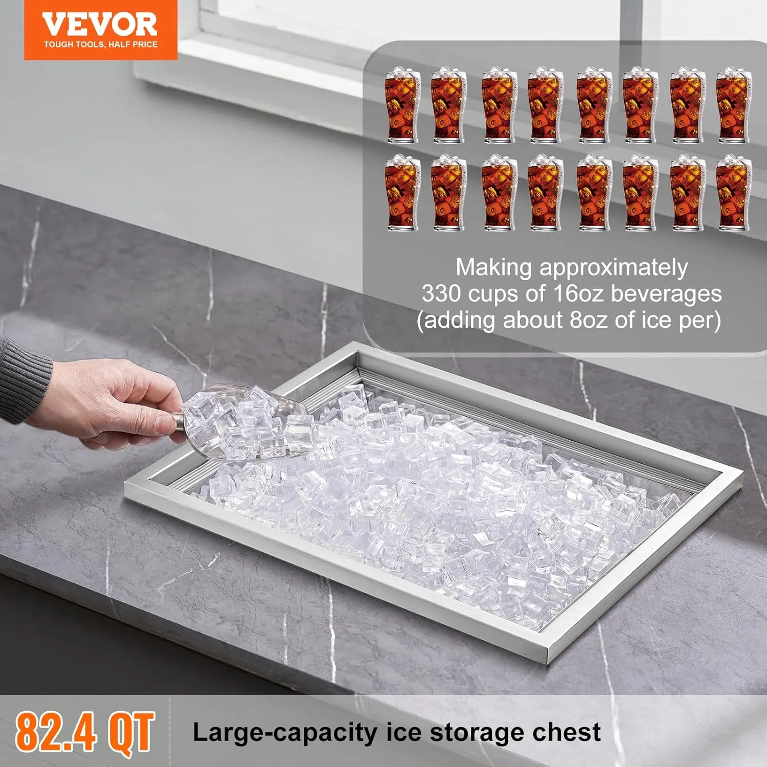 VEVOR Drop in Ice Chest, 21" L x 17" W x 18" H Stainless Steel Ice Cooler, Commercial Ice Bin with Cover, 40 qt Outdoor Kitchen Ice Bar, Drain-Pipe and Drain Plug Included, for Cold Wine Beer