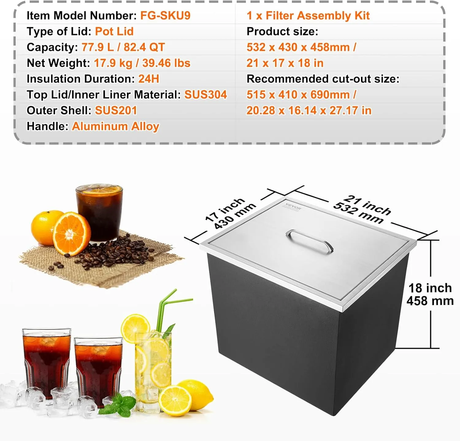 VEVOR Drop in Ice Chest, 21" L x 17" W x 18" H Stainless Steel Ice Cooler, Commercial Ice Bin with Cover, 40 qt Outdoor Kitchen Ice Bar, Drain-Pipe and Drain Plug Included, for Cold Wine Beer