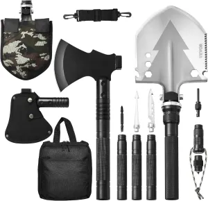 VEVOR Survival Shovel Survival Axe -16-in-1 Camping Folding Shovels with Hatchet - Stainless Steel Tactical Shovel Hatchet Combo - Multifunctional Emergency Survival Gear Equipment for Camping Hiking