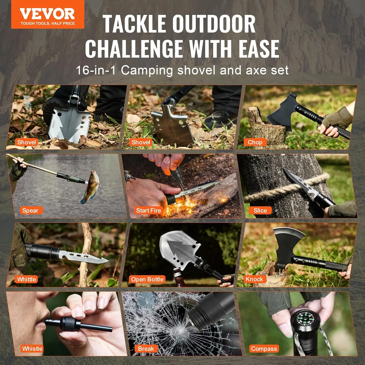 VEVOR Survival Shovel Survival Axe -16-in-1 Camping Folding Shovels with Hatchet - Stainless Steel Tactical Shovel Hatchet Combo - Multifunctional Emergency Survival Gear Equipment for Camping Hiking