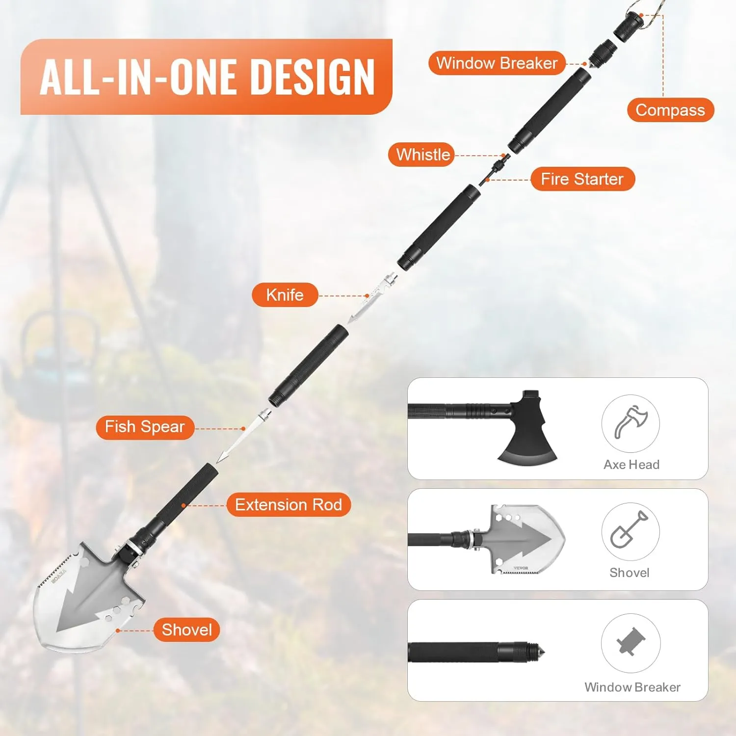 VEVOR Survival Shovel Survival Axe -16-in-1 Camping Folding Shovels with Hatchet - Stainless Steel Tactical Shovel Hatchet Combo - Multifunctional Emergency Survival Gear Equipment for Camping Hiking