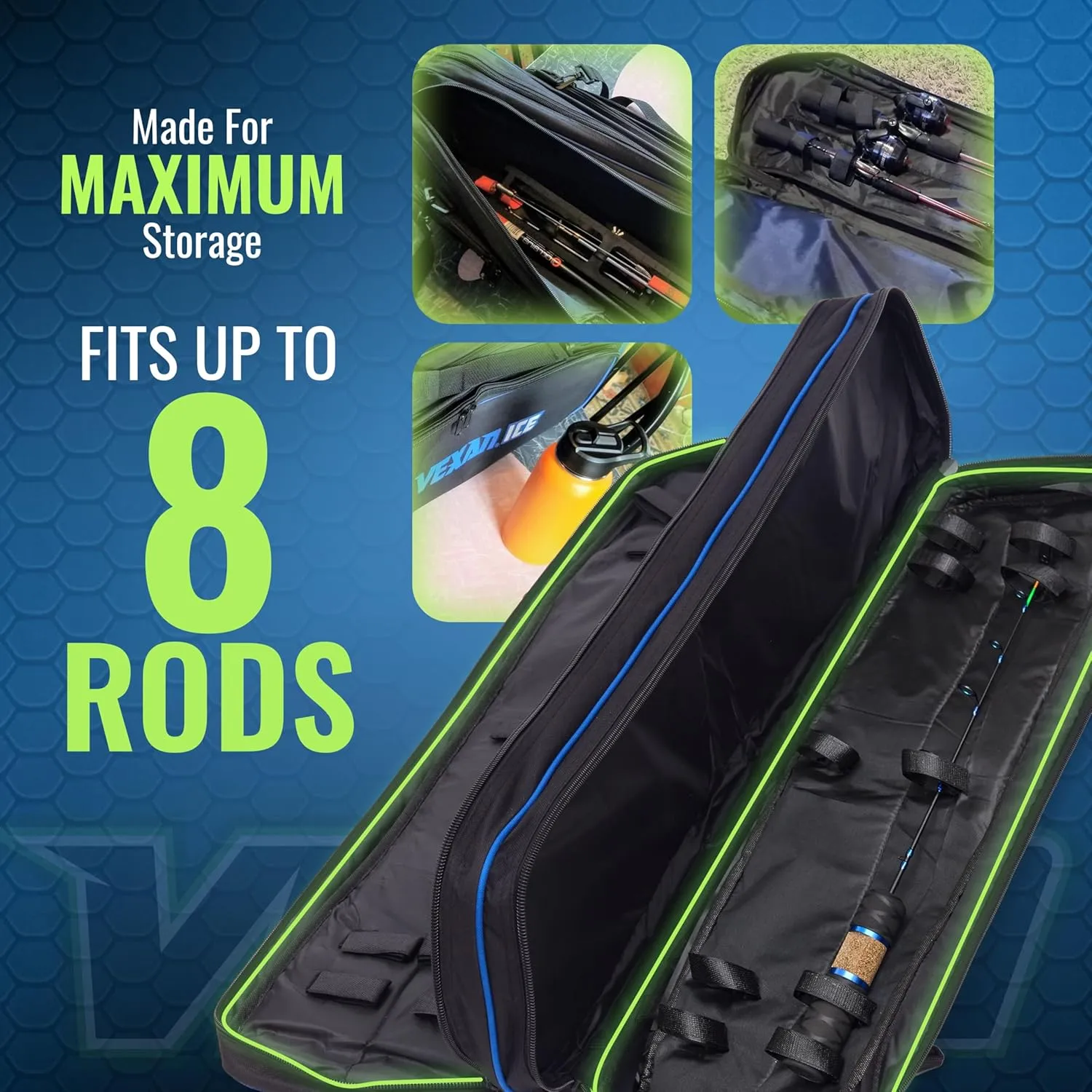 Vexan Ice Fishing Rod Case - Water-Resistant Ice Fishing Tackle Bag, Ice Rod Case - 36" Portable Rod Carrier, Fishing Rod Travel Case, Fly Fishing Bag - Fits 8 Rods, Tip-Ups, & Lures