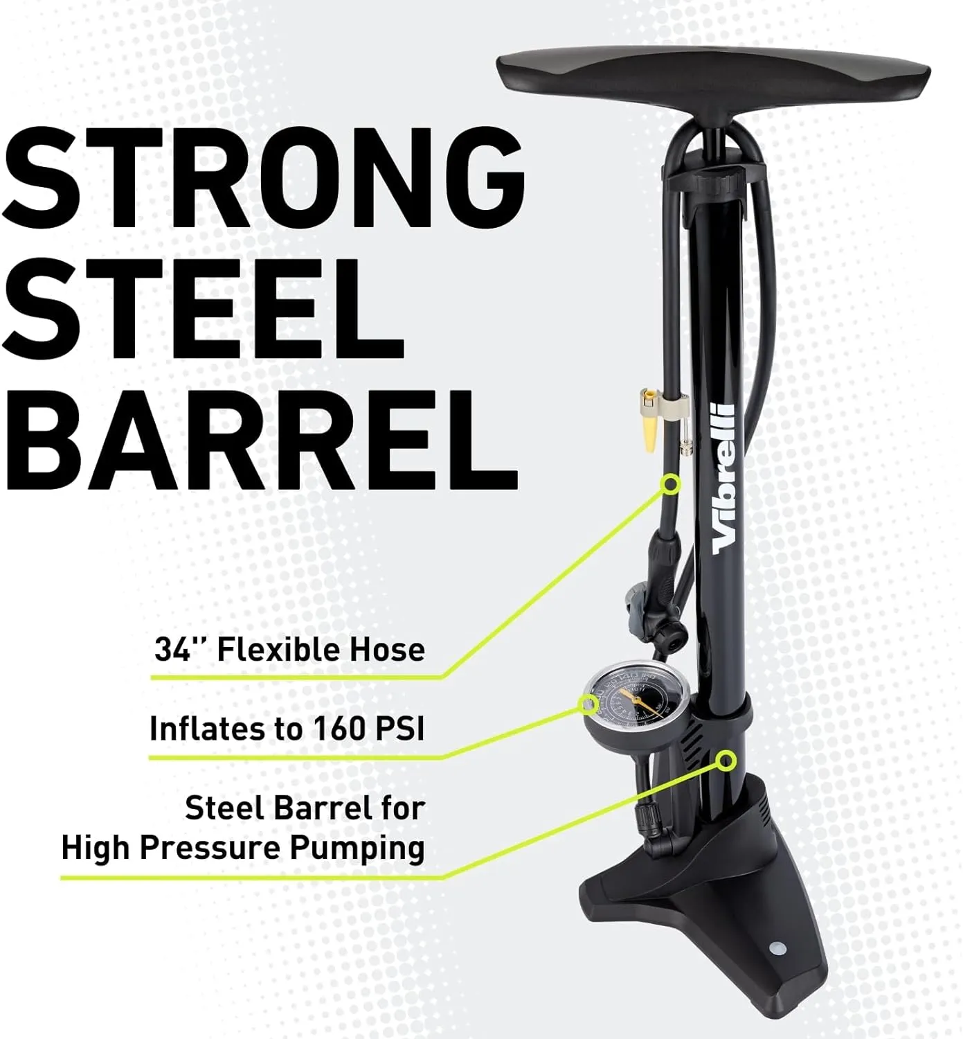 Vibrelli Vibrelli Bike Floor Pump with Gauge - High Pressure 160 PSI - Presta Valve Bike Pump Automatically Switches to Schrader - Bicycle Pump Comes with Glueless Puncture Kit