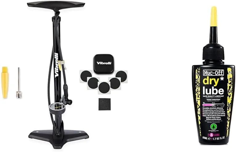 Vibrelli Vibrelli Bike Floor Pump with Gauge - High Pressure 160 PSI - Presta Valve Bike Pump Automatically Switches to Schrader - Bicycle Pump Comes with Glueless Puncture Kit