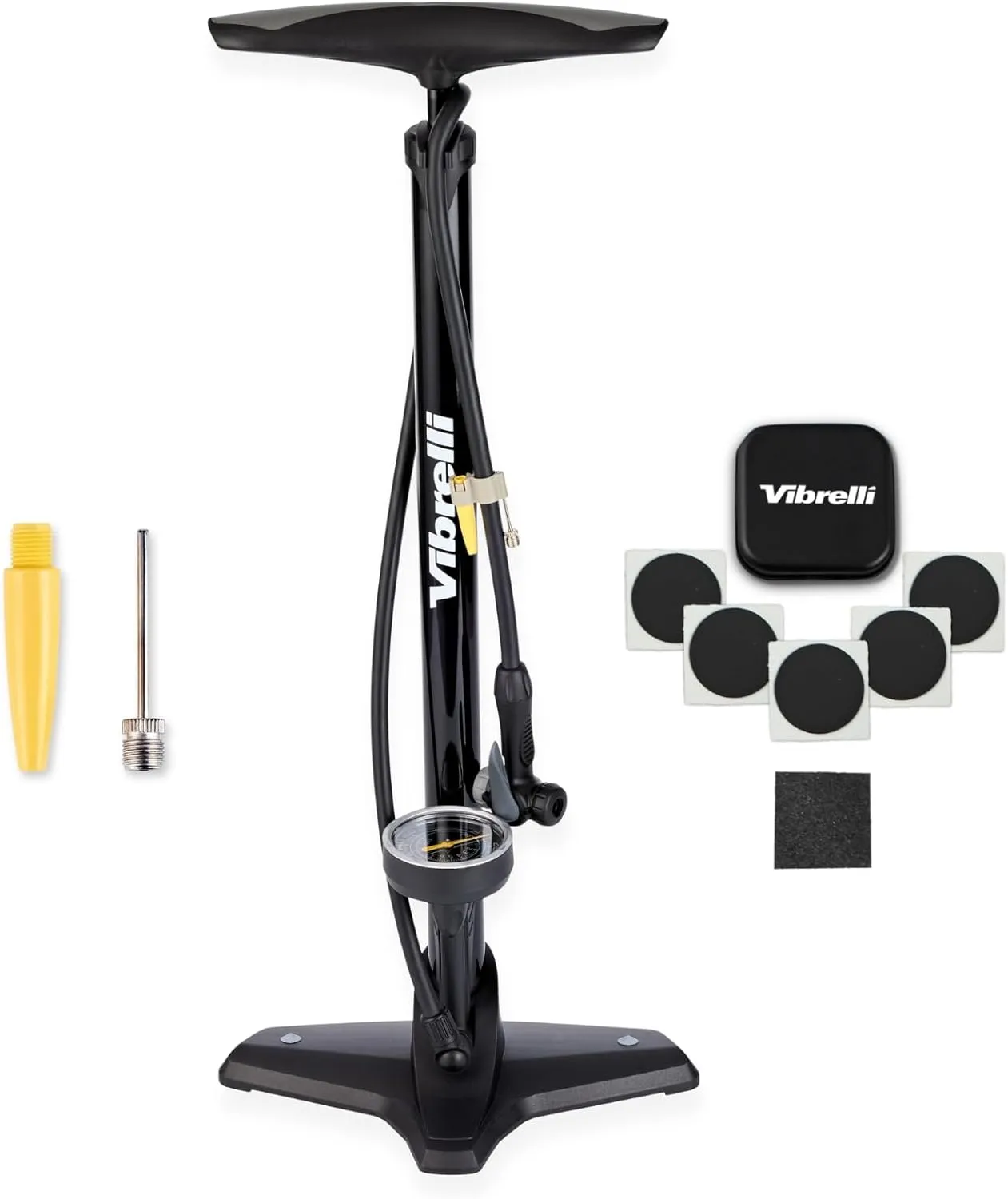 Vibrelli Vibrelli Bike Floor Pump with Gauge - High Pressure 160 PSI - Presta Valve Bike Pump Automatically Switches to Schrader - Bicycle Pump Comes with Glueless Puncture Kit