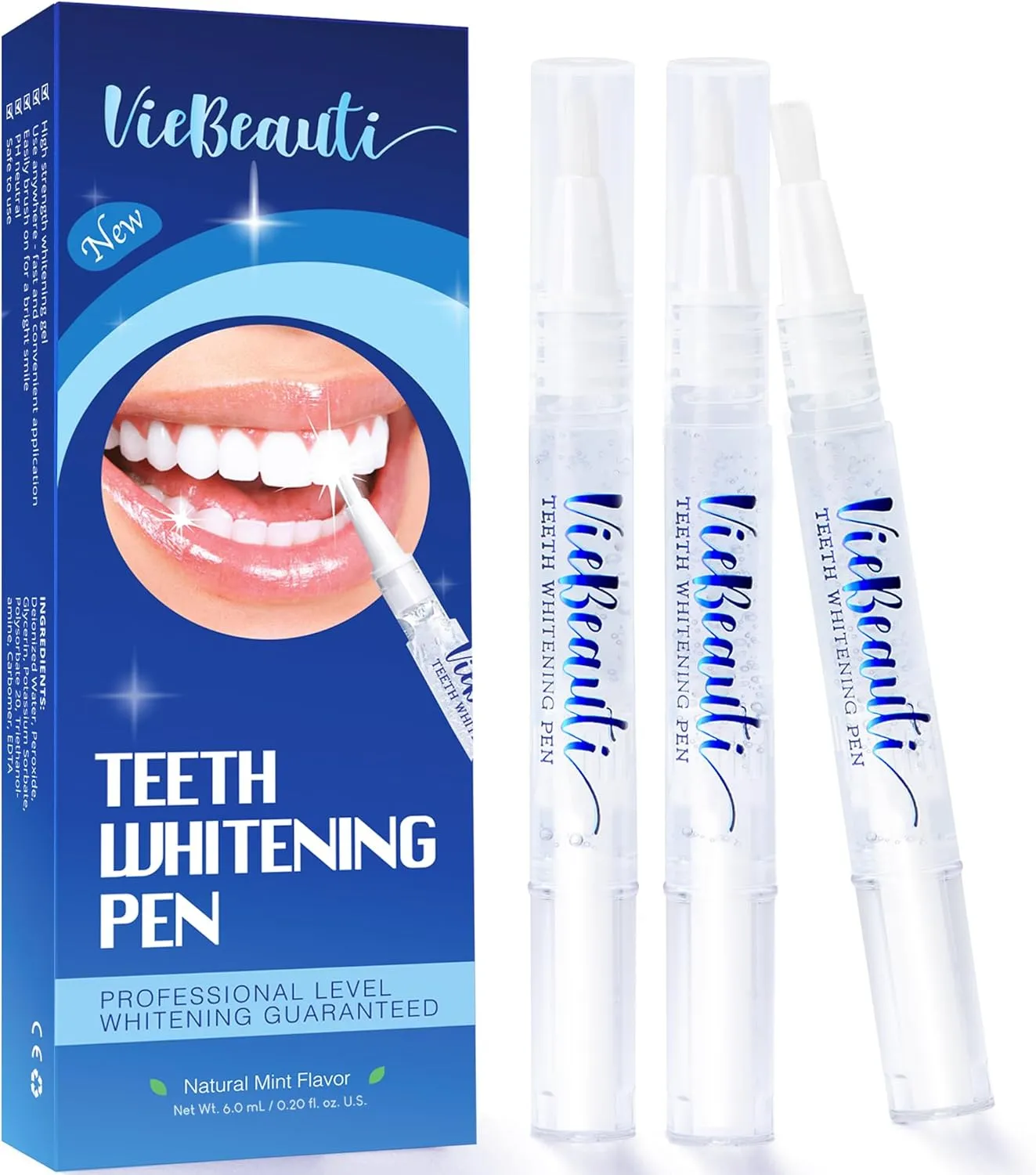 VieBeauti Teeth Whitening Pen (3 Pcs), 30  Uses, Effective, Painless, No Sensitivity, Travel-Friendly, Easy to Use, Beautiful White Smile, Mint Flavor