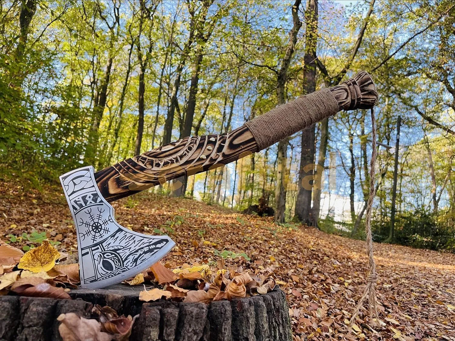 Viking Axe's, Custom Gifts Handmade Carbon Steel Axe, Ashwood Handle Forged Carbon Steel Viking Axe Camping Hatchet with Sheath with Rose Wood Shaft, Viking Bearded Camping Axes (VK-Ax-18)