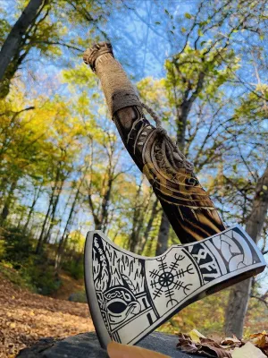 Viking Axe's, Custom Gifts Handmade Carbon Steel Axe, Ashwood Handle Forged Carbon Steel Viking Axe Camping Hatchet with Sheath with Rose Wood Shaft, Viking Bearded Camping Axes (VK-Ax-18)