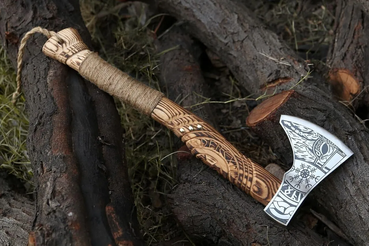 Viking Axe's, Custom Gifts Handmade Carbon Steel Axe, Ashwood Handle Forged Carbon Steel Viking Axe Camping Hatchet with Sheath with Rose Wood Shaft, Viking Bearded Camping Axes (VK-Ax-18)