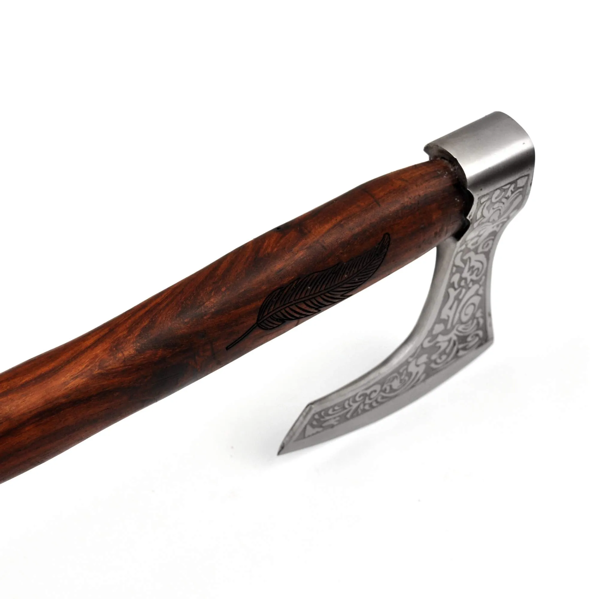 Viking Bearded Battle Axe Engraved Feather On Handle