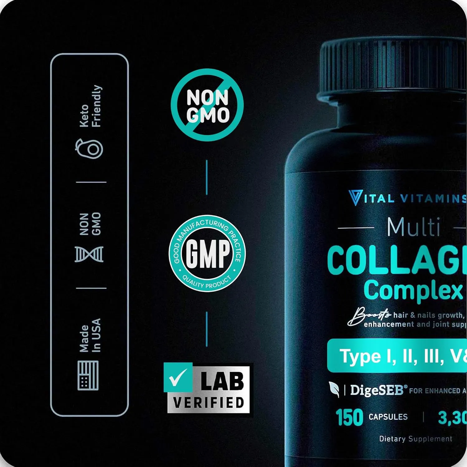 Vital Vitamins Multi Collagen Pills for Women & Men (2-Pack) - Hydrolyzed Collagen Peptides - Type I, II, III, V, X - Grass Fed, Non-GMO