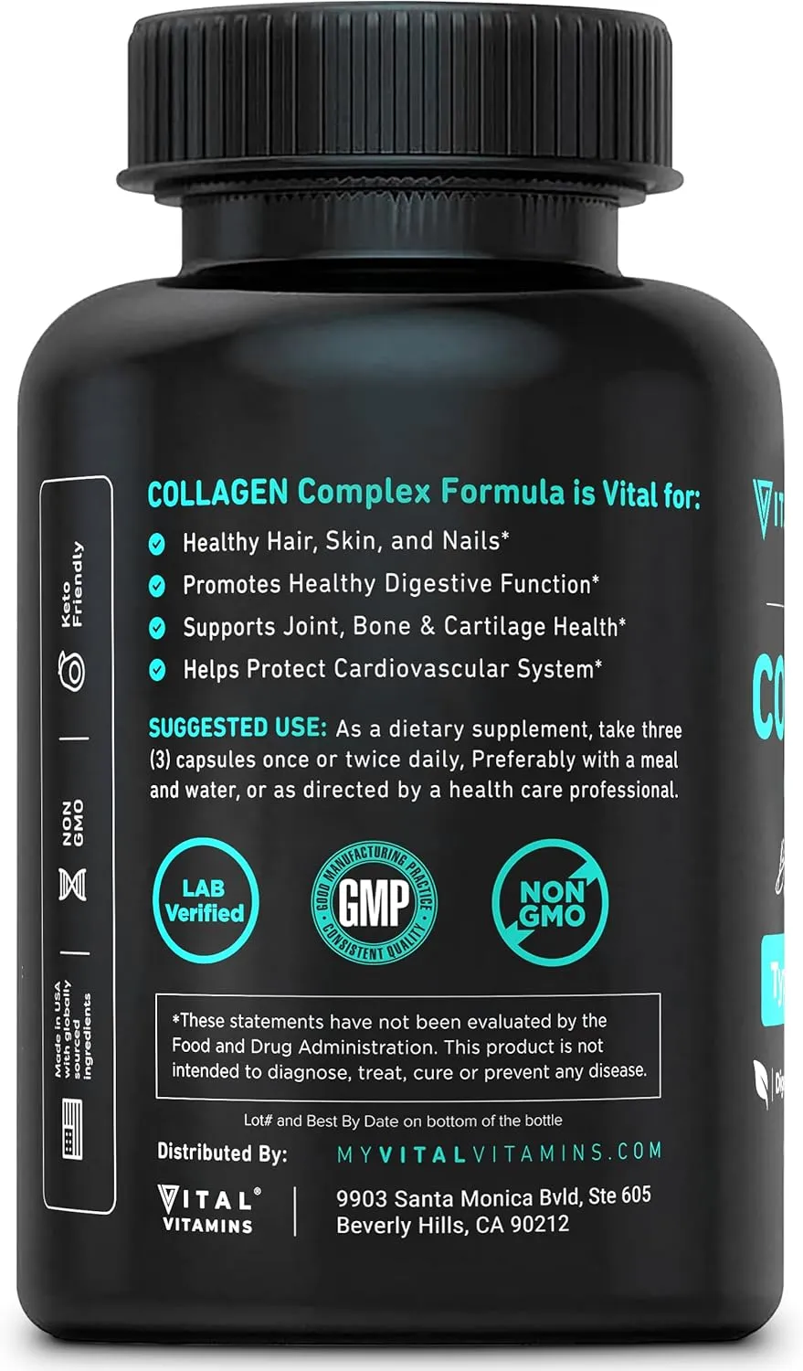 Vital Vitamins Multi Collagen Pills for Women & Men (2-Pack) - Hydrolyzed Collagen Peptides - Type I, II, III, V, X - Grass Fed, Non-GMO