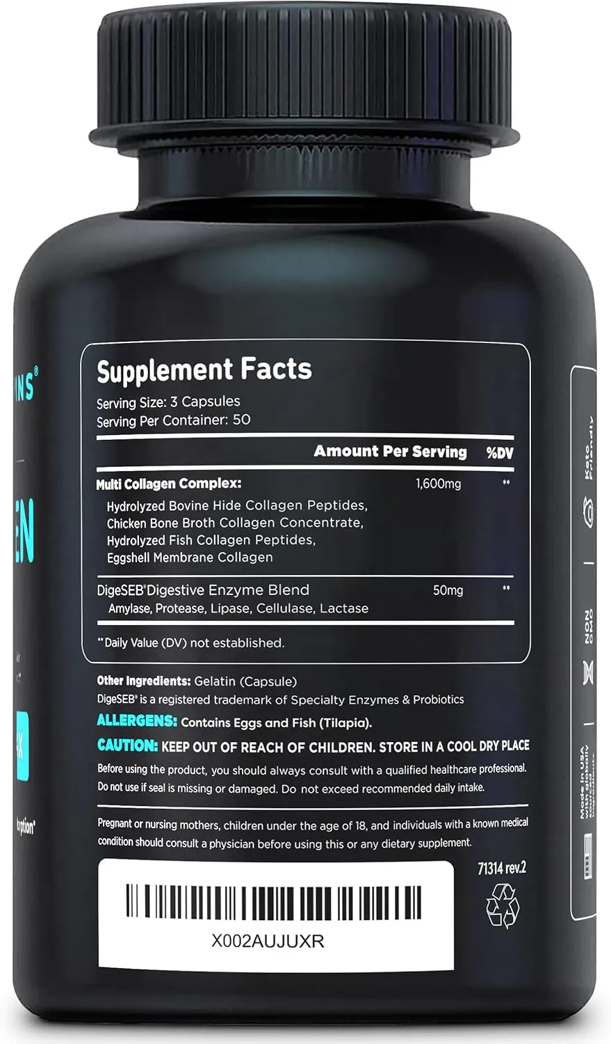 Vital Vitamins Multi Collagen Pills for Women & Men (2-Pack) - Hydrolyzed Collagen Peptides - Type I, II, III, V, X - Grass Fed, Non-GMO