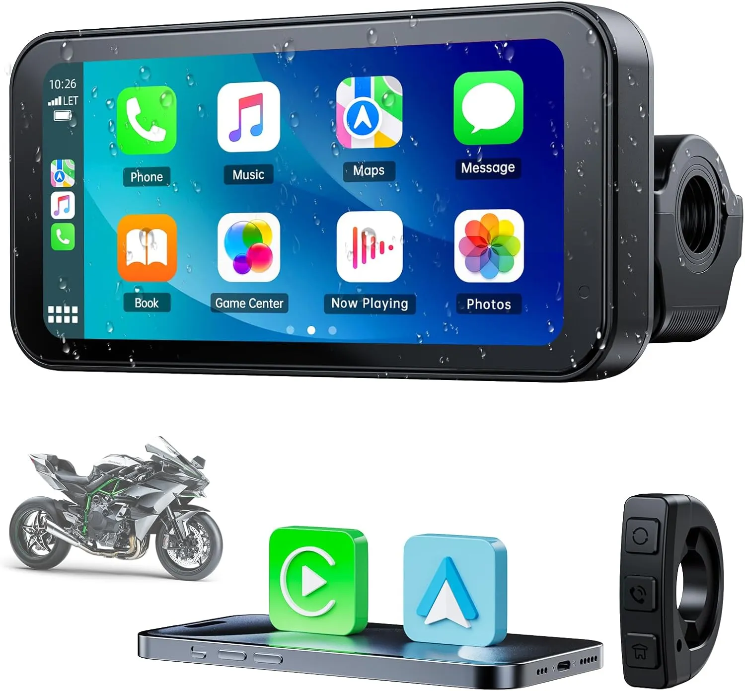 Volam Wireless Motorcycle Carplay Screen Android Auto for Moto, Remote Control, 6.25" Portable Touch Screen 5G WiFi Dual Bluetooth IPX6 Waterproof BT Trans, GPS Navigation, Siri/G00gle Assistant