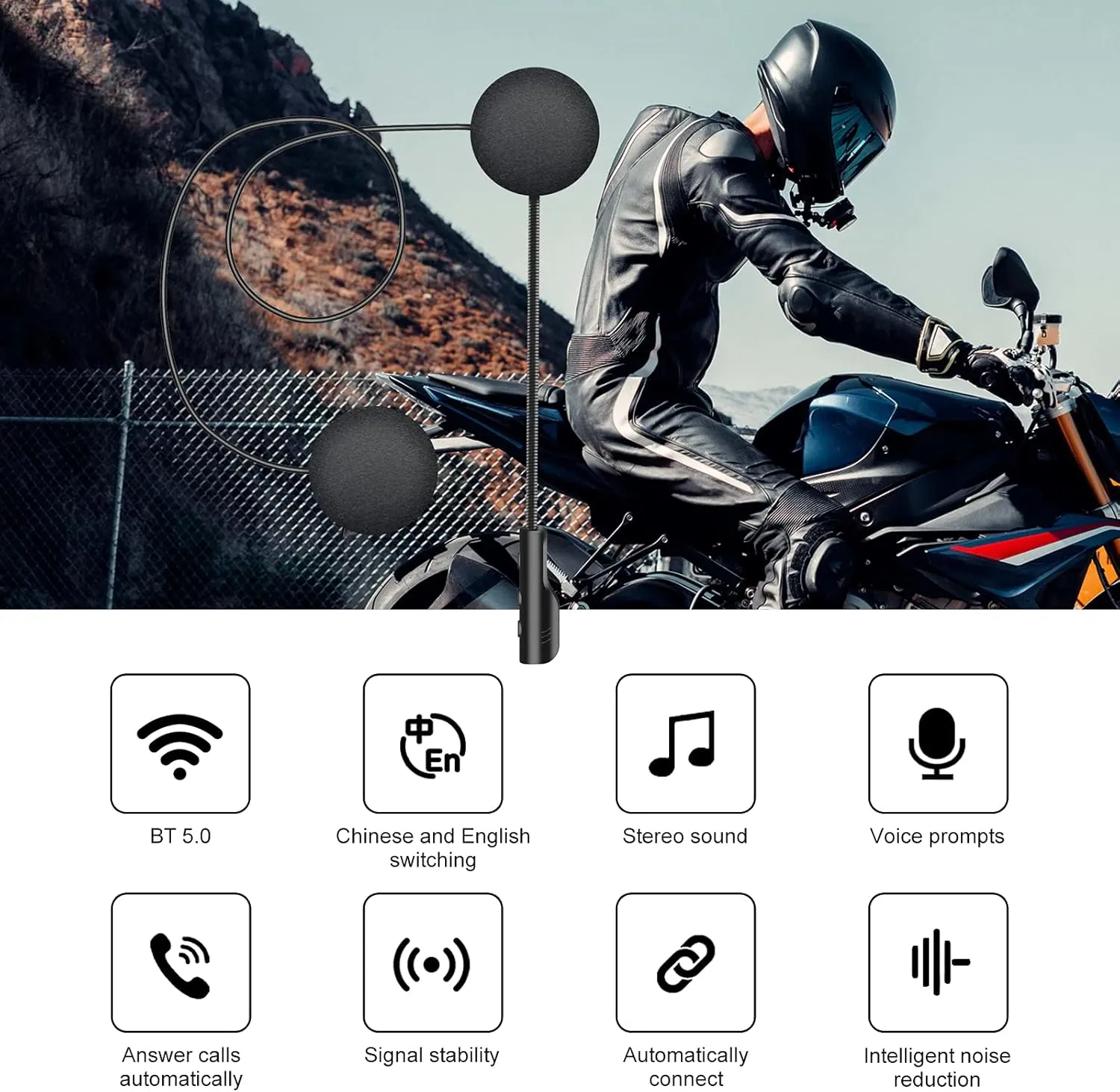 VR-robot Motorcycle Bluetooth Helmet Headset, Bluetooth 5.0 Motorcycle Sports Headset,Motorbike Headphones,Motorcycle Speakers with Noise Reduction,Automatically Answer,Volume Control