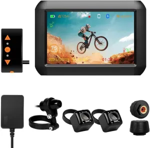 VSYSTO Bicycle Rear View Camera, Bluetooth Phone Mode, WiFi 4'' Screen HD 1080P Front & Rear & Selfie Camera Handlebar Bike Mirror Dash Cam with TPMS, GPS, Temperature Display (Bike-F3K)