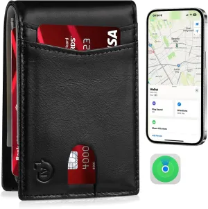 Wallet For Men Work For Apple Find My (IOS Only) Slim Mens AirTag Wallet with GPS Tracker Bifold Credit Card Holder With 2 Id Window With Gift Box Rechargeable Battery. (Black)
