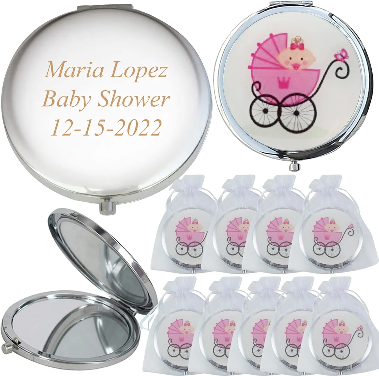 WE 12 Pcs Personalized Compact Mirror Favors Baby Girl Shower Pink/Makeup Purse Mirrors with Organza Bag