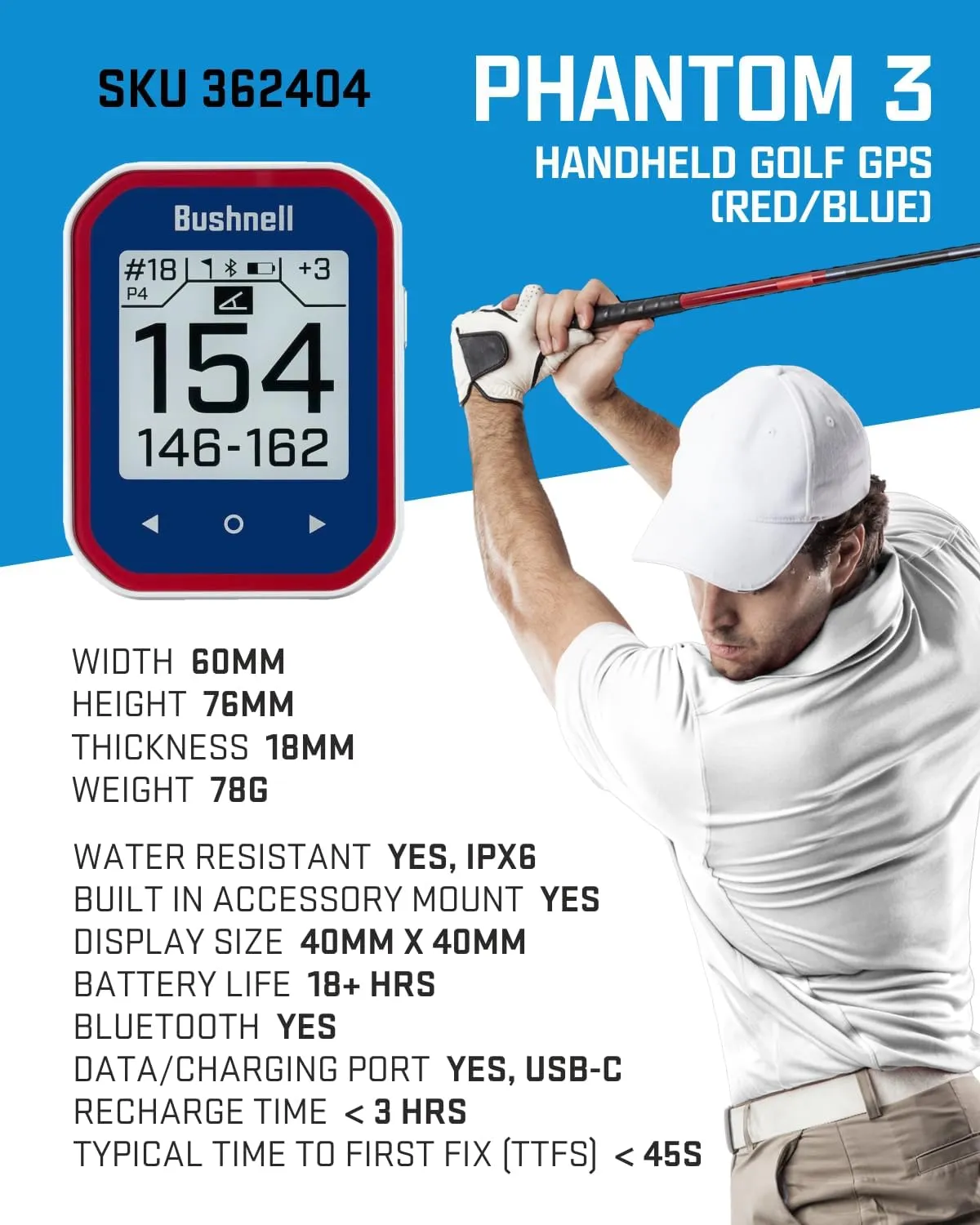 Wearable4U - Bushnell Phantom 3 Slope GPS Golf Green with Slope Technology, Touchscreen, Magnetic Cart Mount with Bundle (Blue & Lens Cloth)