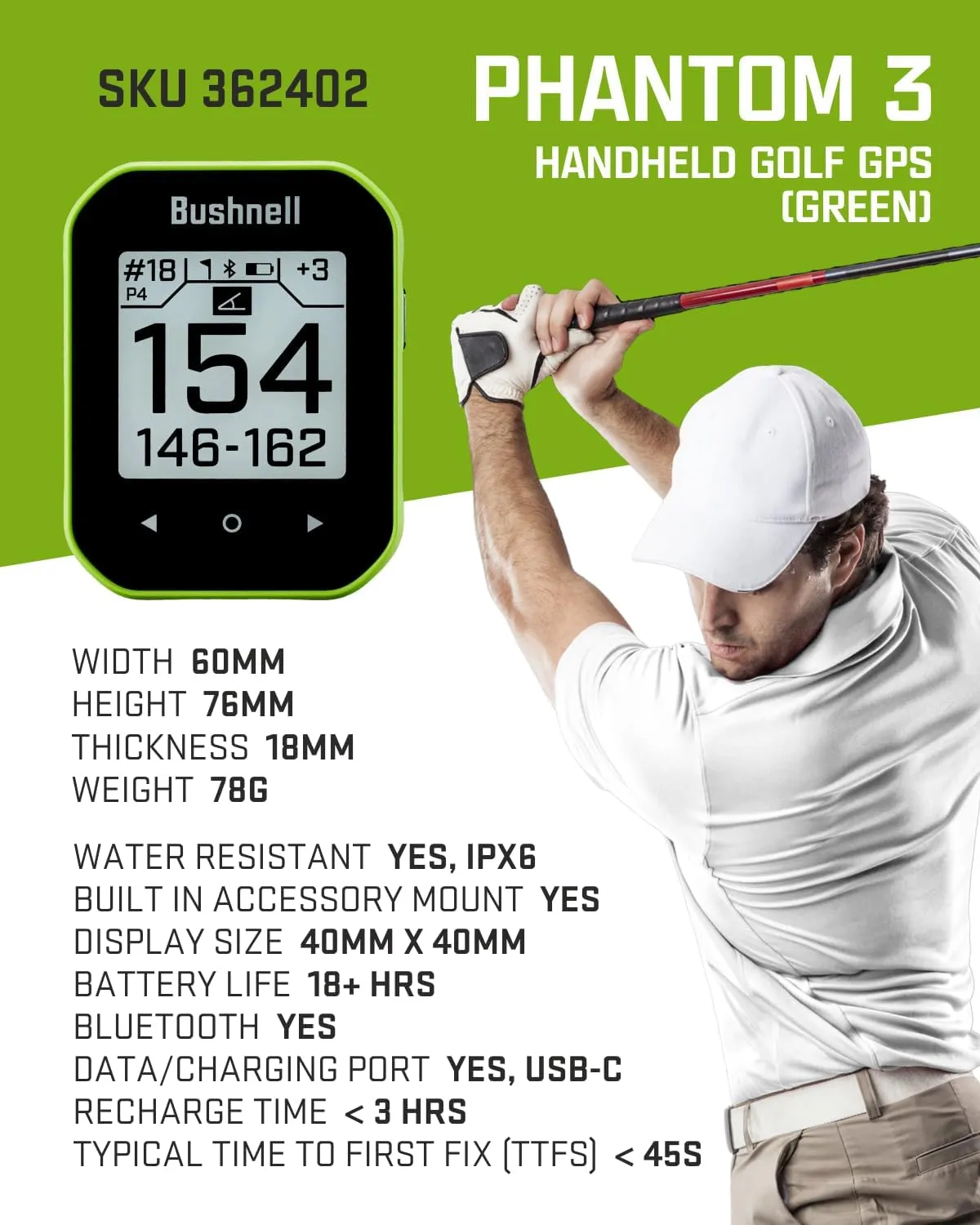 Wearable4U Bushnell Phantom 3 Slope GPS Golf Green with Slope Technology, Touchscreen, Magnetic Cart Mount with Power Bank and Towel Bundle