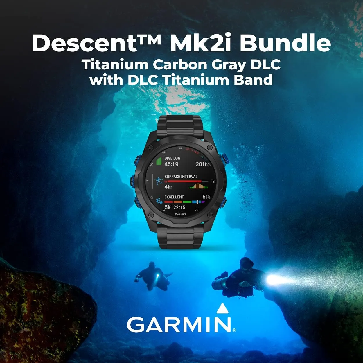 Wearable4U - Garmin Descent Mk2i/Descent T1 Bundle, Watch-Style Dive Computer with Power Pack Bundle (Titanium Carbon Gray DLC with DLC Titanium Band)
