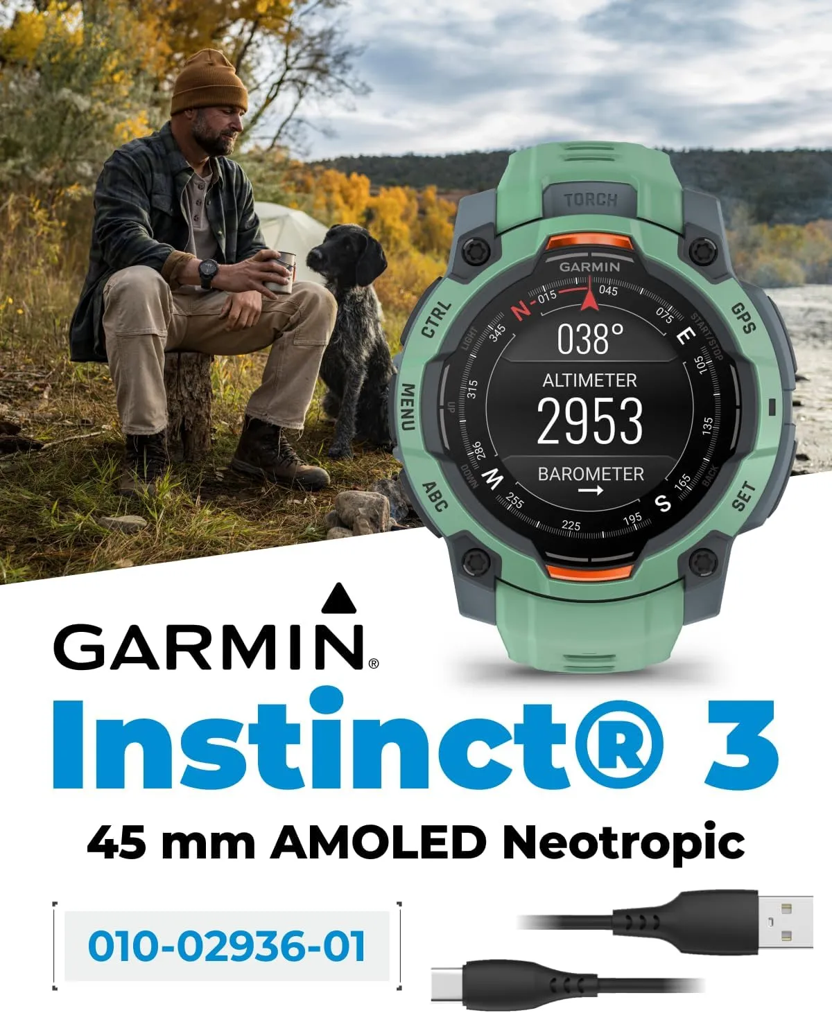 Wearable4U Garmin Instinct 3 45mm, AMOLED Display, Rugged Outdoor GPS Smartwatch, Metal-Reinforced Bezel, Built-in Flashlight, Up to 18 Days of Battery Life, Neotropic with Neotropic Band Bundle