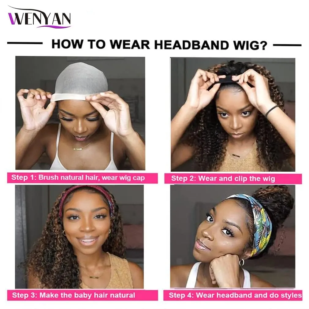 WENYAN Ombre Headband Wig Human Hair Deep Wave 18 Inch #4/27 Highlight Curly Headband Wigs for Black Women Human Hair Glueless None Lace Front Wig Brazilian Virgin Hair Wear and Go Wigs 150% Densitys