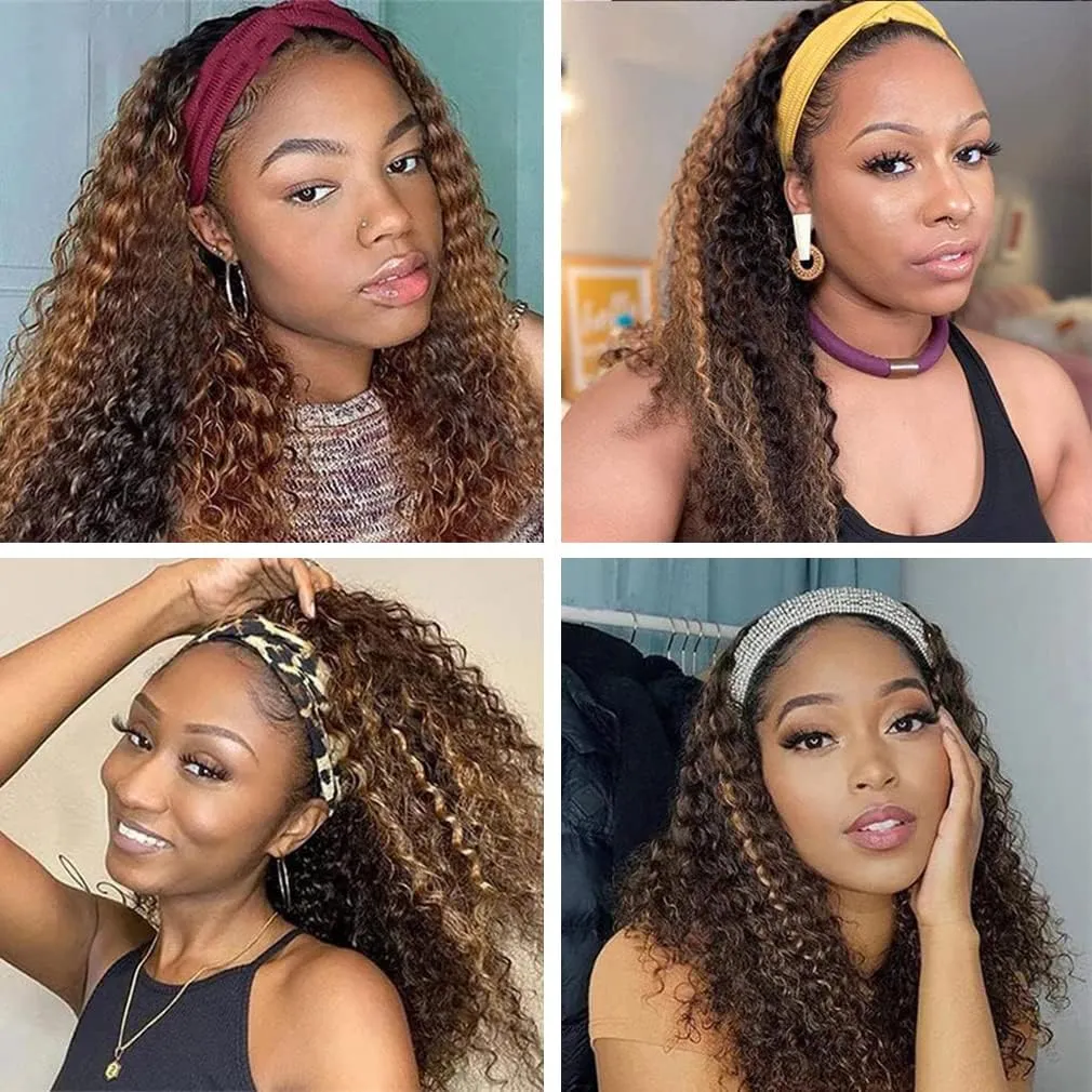 WENYAN Ombre Headband Wig Human Hair Deep Wave 18 Inch #4/27 Highlight Curly Headband Wigs for Black Women Human Hair Glueless None Lace Front Wig Brazilian Virgin Hair Wear and Go Wigs 150% Densitys