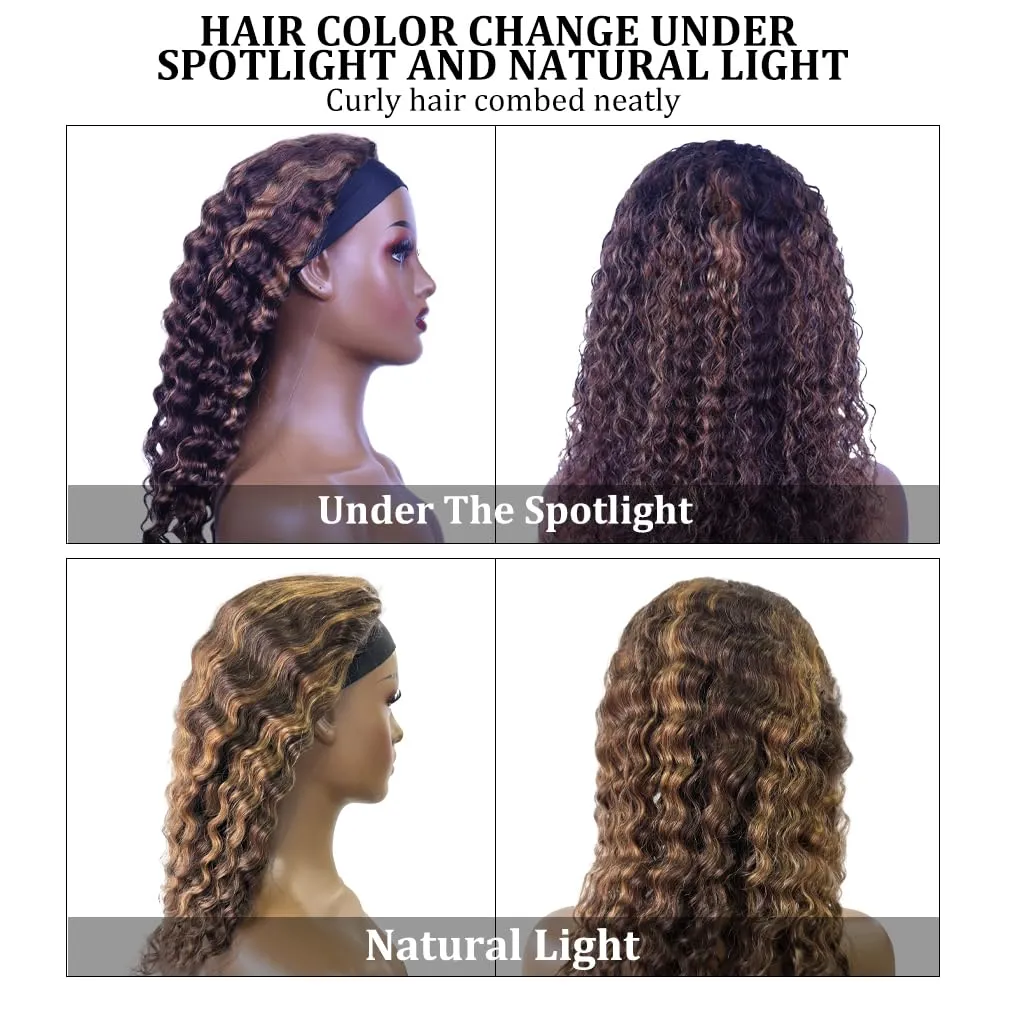 WENYAN Ombre Headband Wig Human Hair Deep Wave 18 Inch #4/27 Highlight Curly Headband Wigs for Black Women Human Hair Glueless None Lace Front Wig Brazilian Virgin Hair Wear and Go Wigs 150% Densitys