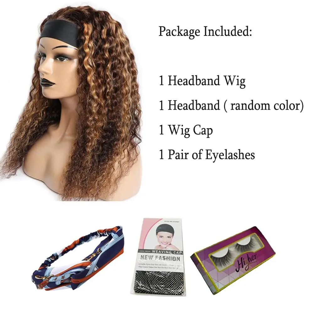 WENYAN Ombre Headband Wig Human Hair Deep Wave 18 Inch #4/27 Highlight Curly Headband Wigs for Black Women Human Hair Glueless None Lace Front Wig Brazilian Virgin Hair Wear and Go Wigs 150% Densitys