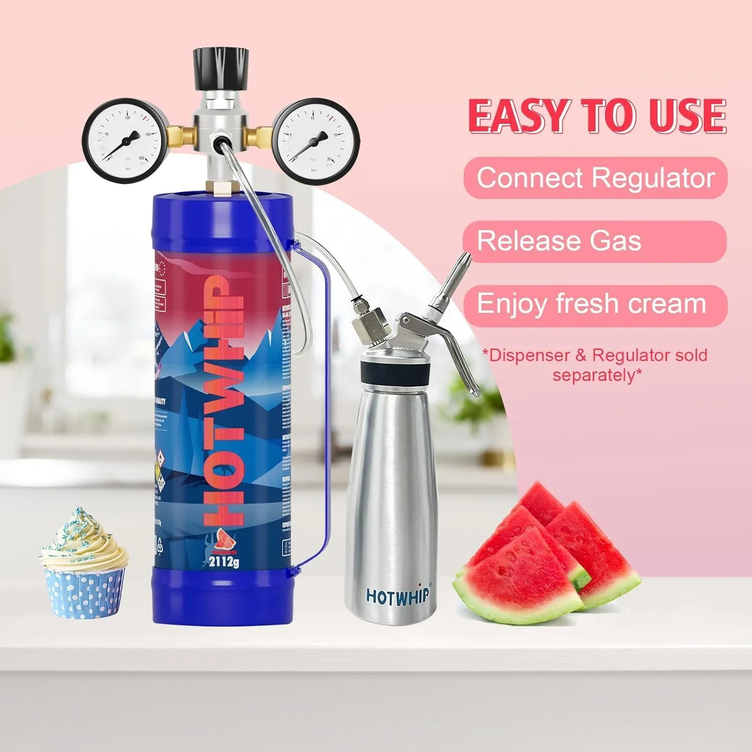 Whipped Cream Charger 2112g×3 3.3L Cream Charger Food Grade Watermelon Flavor (Nozzle Included) 3-Pack