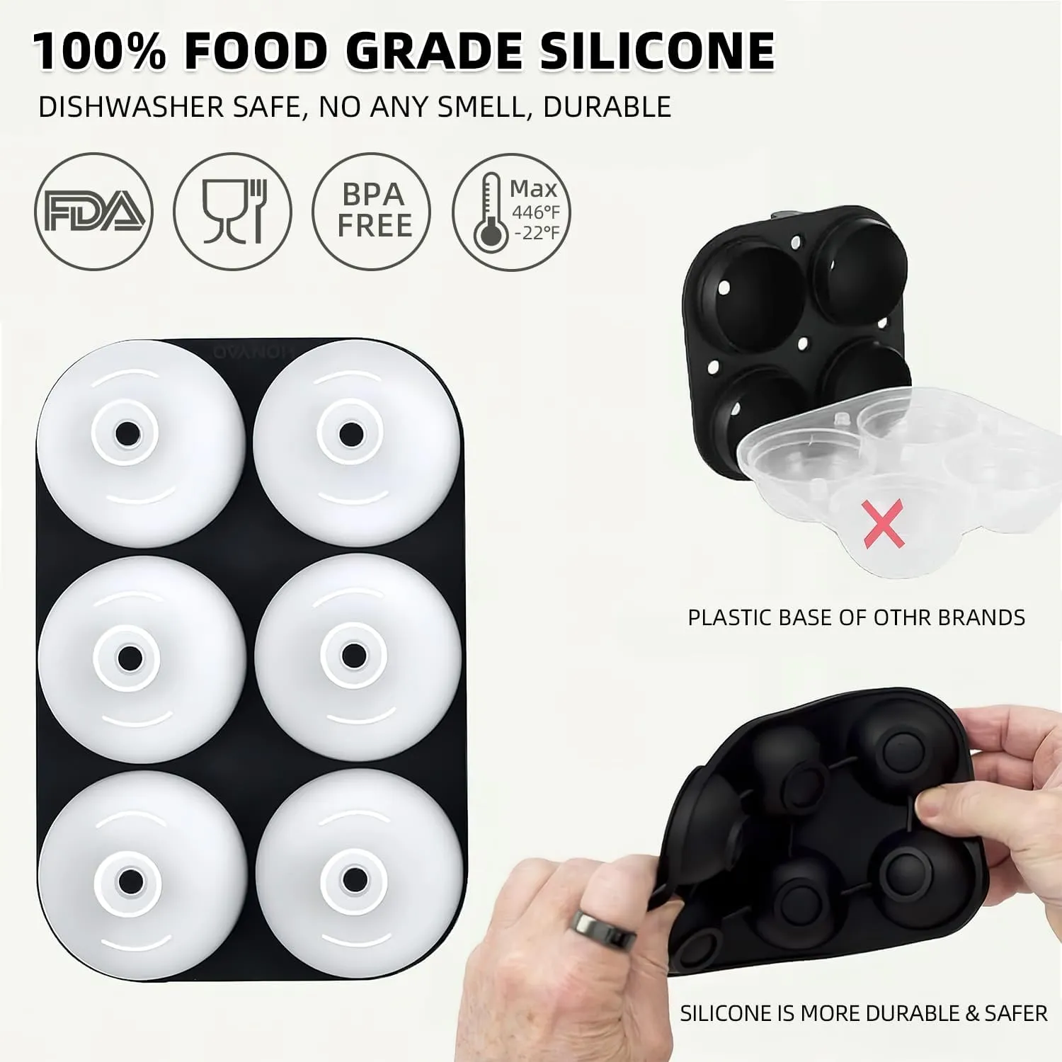 Whiskey Cocktail Ice Mold, Easy Fill and Release Silicone Round Ice Ball Maker Mold Large Square Ice Cube Tray with Lid - 6 Ice Balls   6 Ice Cubes Black