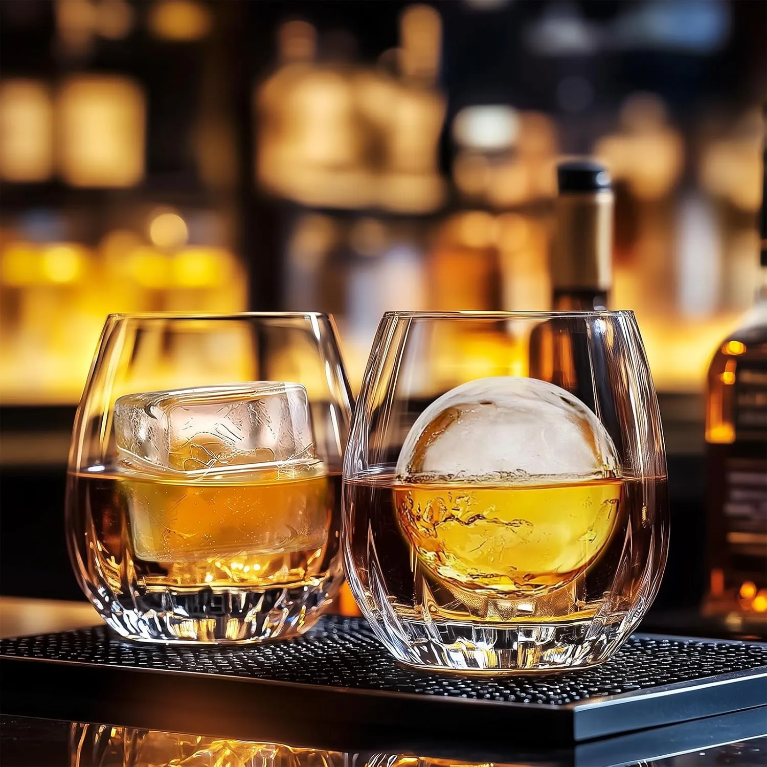 Whiskey Cocktail Ice Mold, Easy Fill and Release Silicone Round Ice Ball Maker Mold Large Square Ice Cube Tray with Lid - 6 Ice Balls   6 Ice Cubes Black