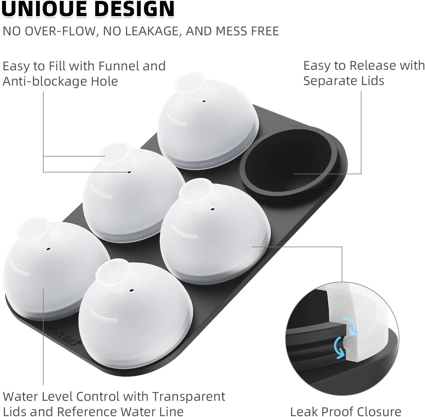 Whiskey Cocktail Ice Mold, Easy Fill and Release Silicone Round Ice Ball Maker Mold Large Square Ice Cube Tray with Lid - 6 Ice Balls   6 Ice Cubes Black