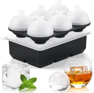 Whiskey Cocktail Ice Mold, Easy Fill and Release Silicone Round Ice Ball Maker Mold Large Square Ice Cube Tray with Lid - 6 Ice Balls   6 Ice Cubes Black